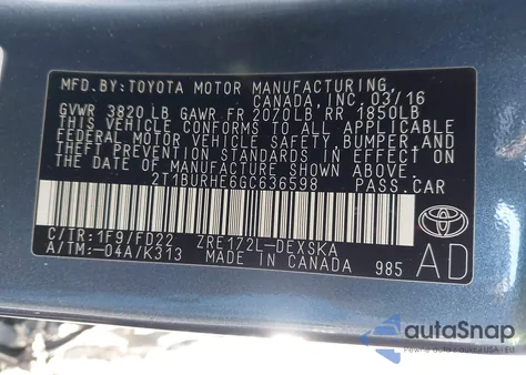 2016 Toyota Corolla L/Le/Le Pls/Prm/S/S Pls из США, поврежденный, VIN 2T1BURHE6GC636598